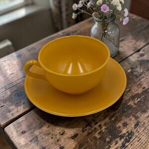 Hazel Atlas Ovide Vintage 50's Cup and Saucer in Butterscotch Yellow Milk Glass